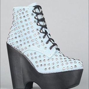 Jeffrey Campbell studded denim tardy wedge booties